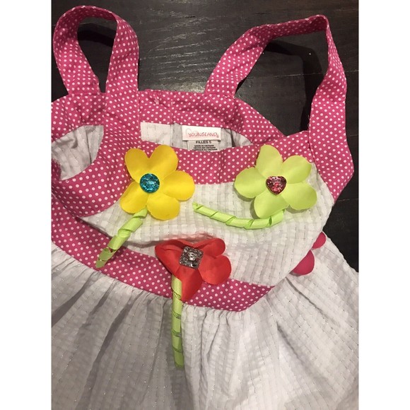 Youngland Girls 5 Pink White Floral Summer Dress Sparkle Polka Dot Sundress - Picture 2 of 3